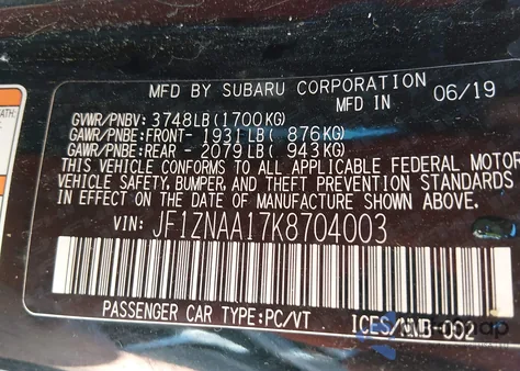 2019 Toyota 86 from USA, damaged, VIN JF1ZNAA17K8704003